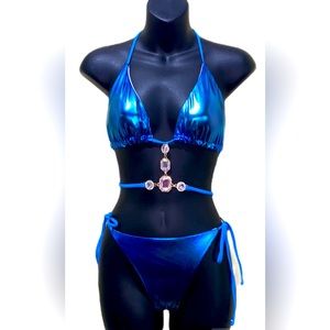 ELECTRIC BLUE BIKINI SHINY JEWELED BELLY JEWELRY, STRING TIES SZ M